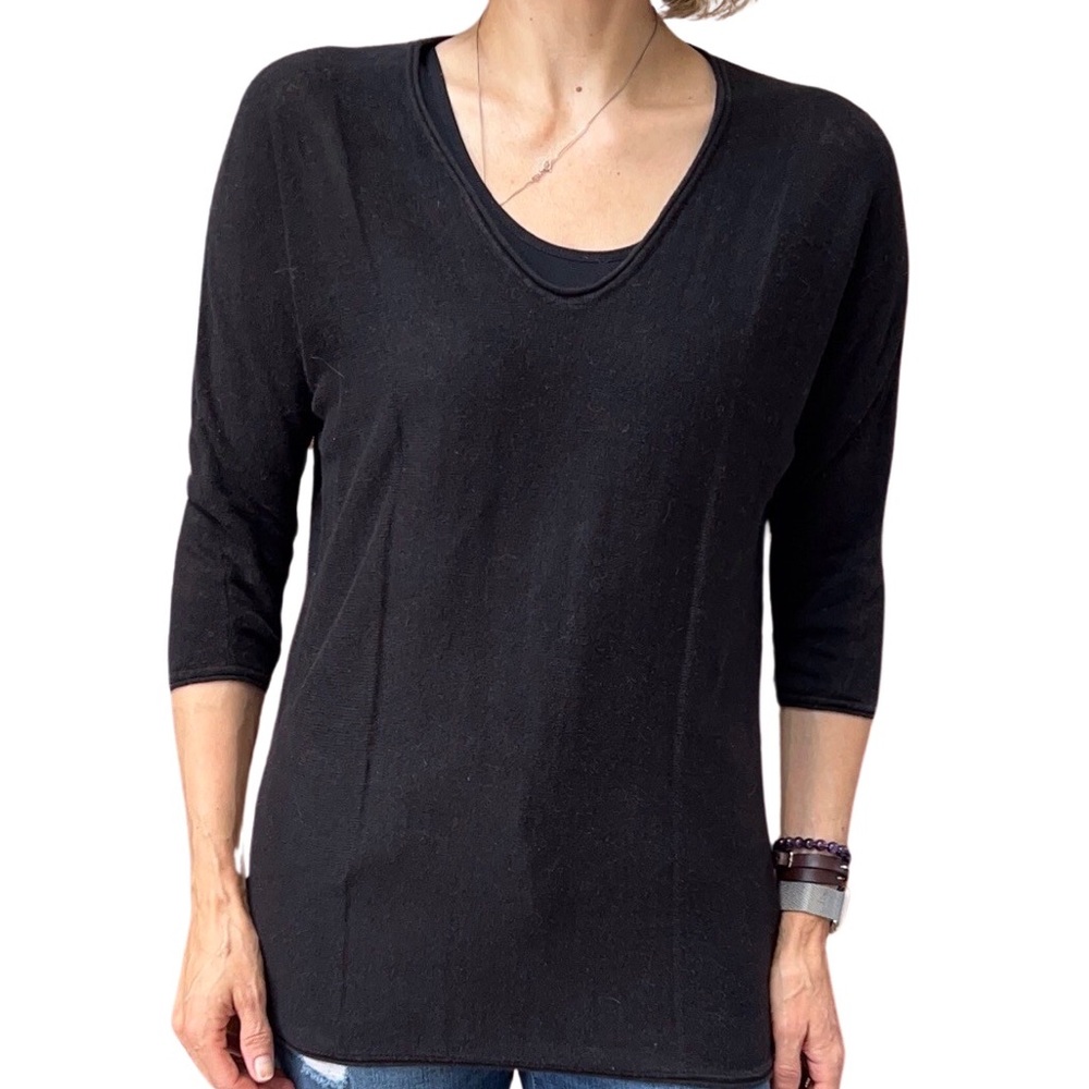 Women's Roots 3/4 Length Sleeve Black Linen/Cotton Knit Tunic X-Small